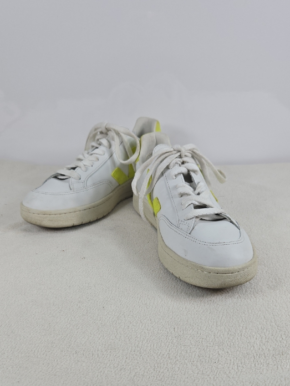 Veja White Leather Sneakers with Neon Yellow Accents - Women's Casual Sneakers